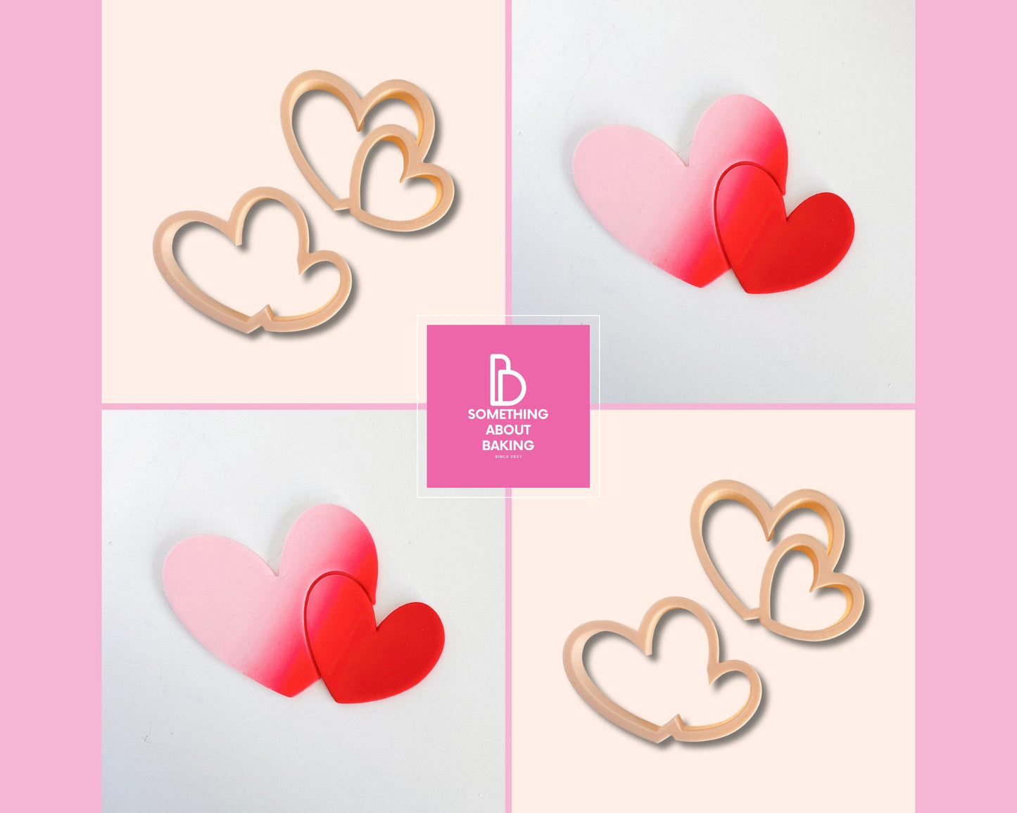 Set of 2 Valentines Double Hearts Cookie Cutter and Debosser